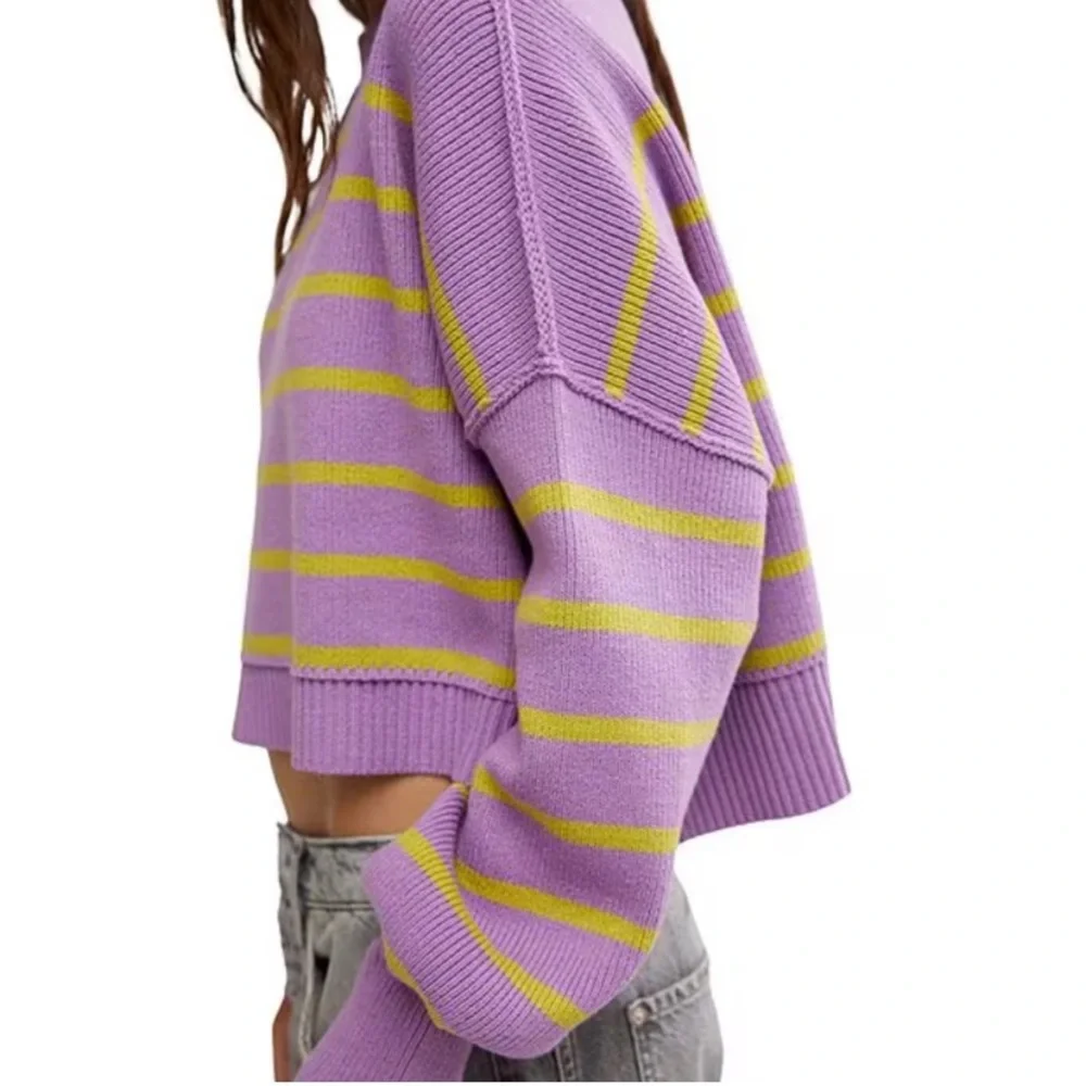 NWT Free People‎ Easy Street Stripe Print Mock Neck Long Sleeve Cropped Pullover
